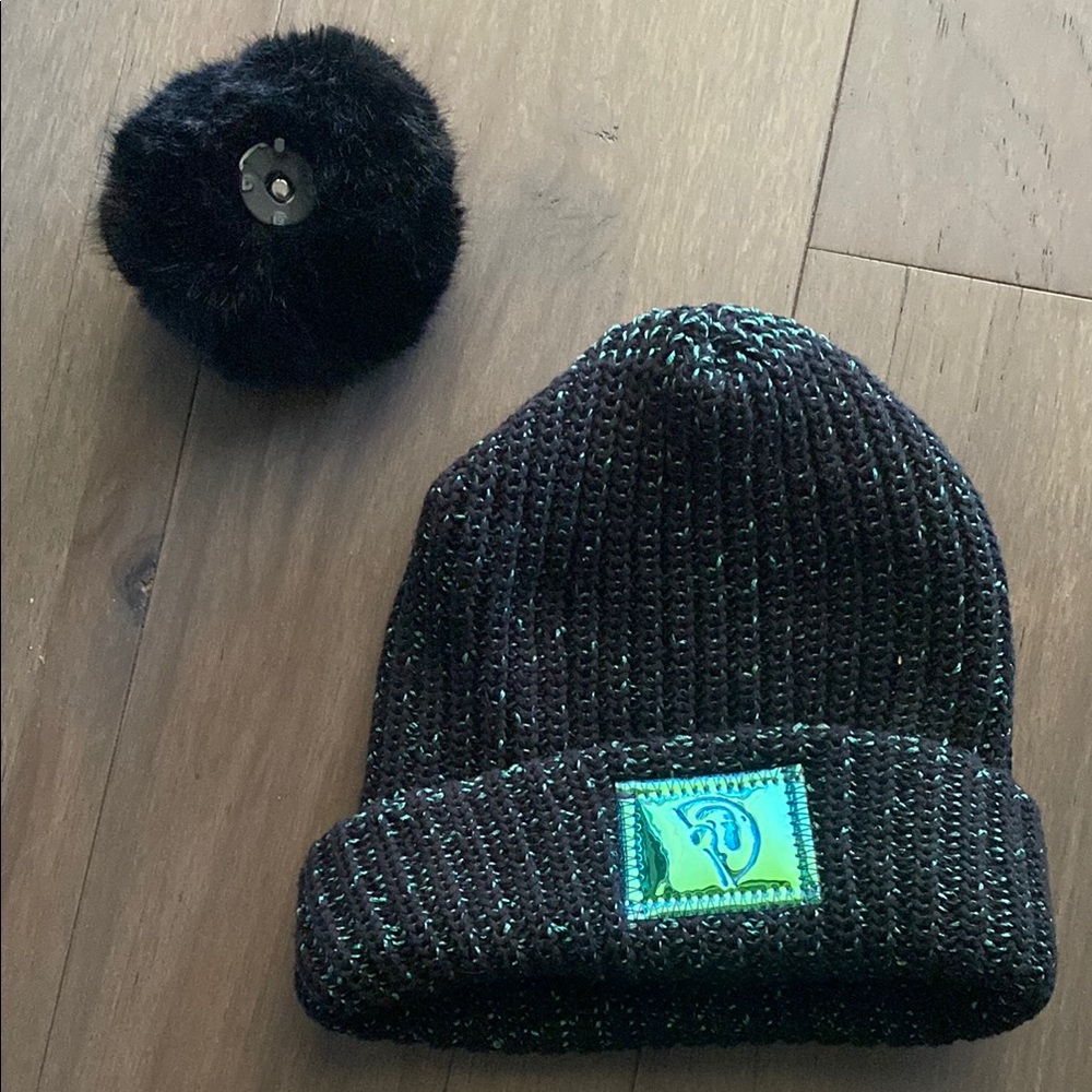 Black Knit Beanie with Damaged Pom Pom